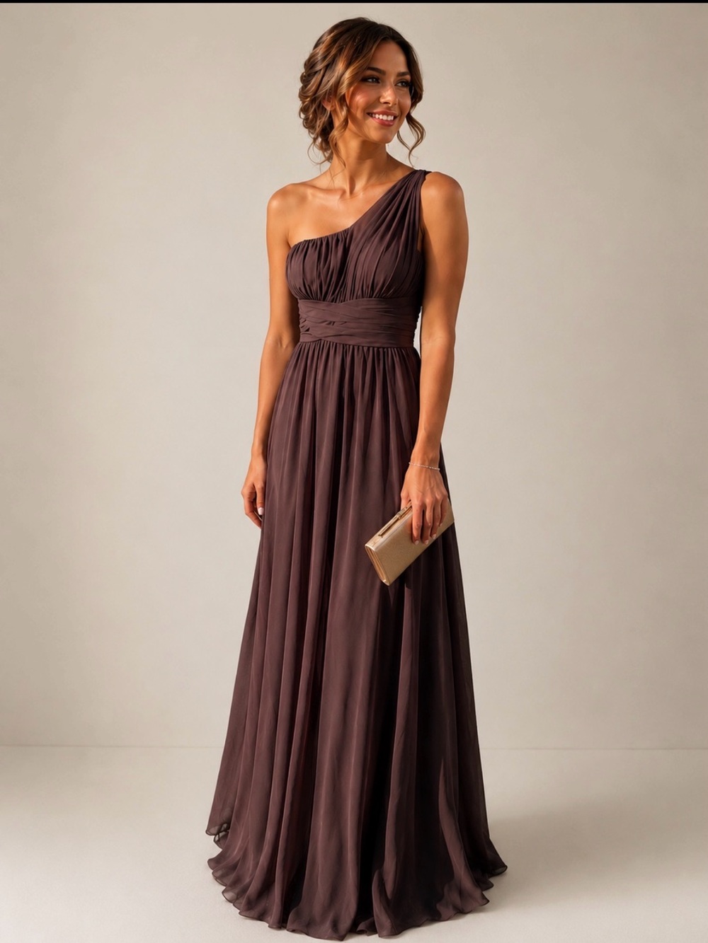 Strapless Brown Chiffon Maxi Dress with Ruched Bodice